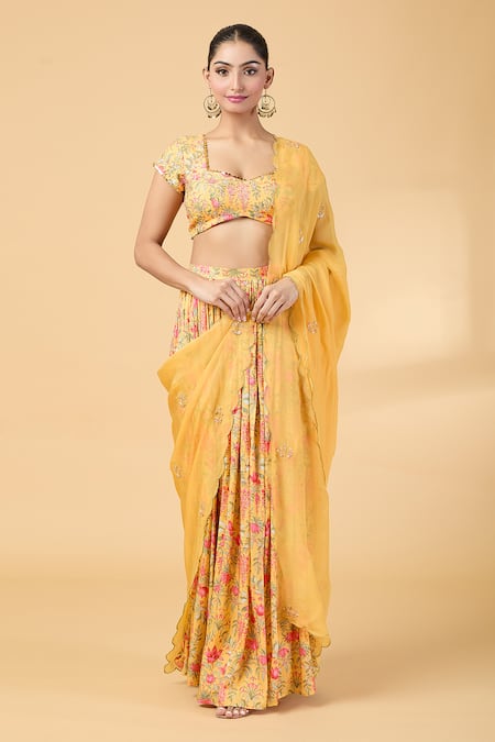 Shop_Kalakaari By Sagarika_Yellow Organza, Embroidery, Zari Square Neck Blouse And Lehenga Set _Online_at_Aza_Fashions