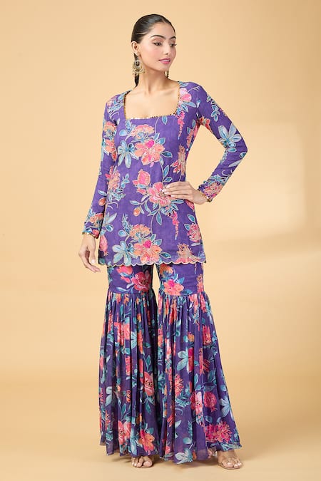 Kalakaari By Sagarika Floral Embroidered Kurta With Sharara 