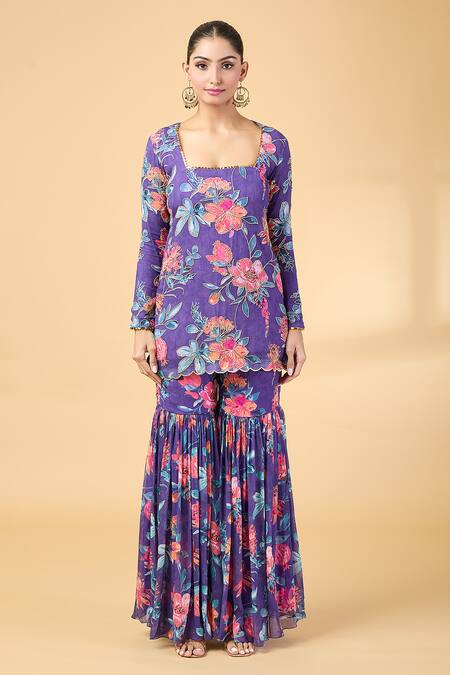 Kalakaari By Sagarika_Purple Georgette, Silk Organza Embroidery, Zari Floral Kurta With Sharara _Online_at_Aza_Fashions