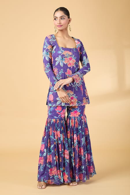 Buy_Kalakaari By Sagarika_Purple Georgette, Silk Organza Embroidery, Zari Floral Kurta With Sharara _Online_at_Aza_Fashions