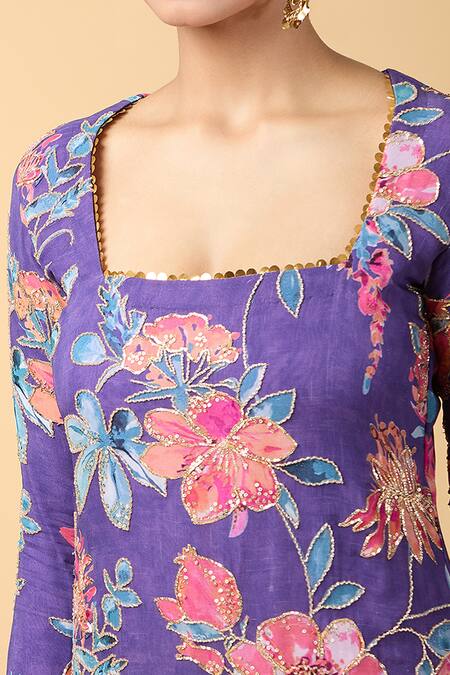 Shop_Kalakaari By Sagarika_Purple Georgette, Silk Organza Embroidery, Zari Floral Kurta With Sharara _Online_at_Aza_Fashions