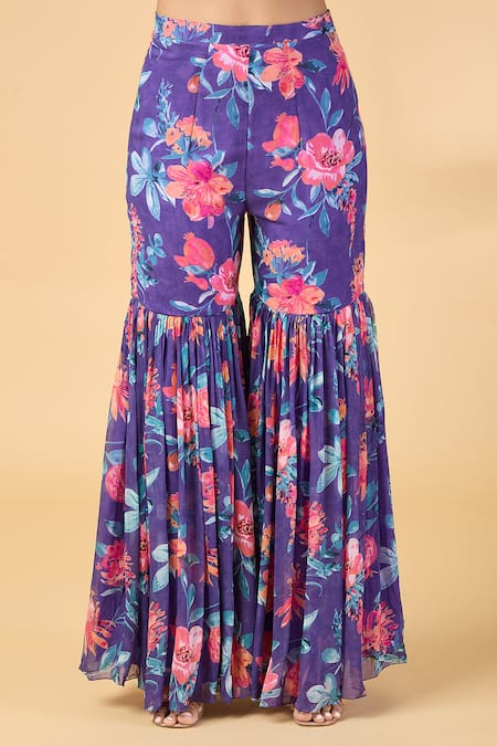 Kalakaari By Sagarika_Purple Georgette, Silk Organza Embroidery, Zari Floral Kurta With Sharara _at_Aza_Fashions