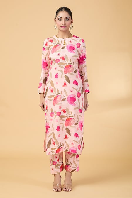 Kalakaari By Sagarika_Pink Silk Organza Embroidery, Cut Work Round Neck Floral Print Kurta With Pant _Online_at_Aza_Fashions