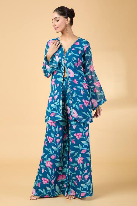 Buy Kalakaari By Sagarika Blue Organza, Embroidery, Cut Work V-neck Floral Kurta With Palazzo Online at Aza Fashions Buy_Kalakaari By Sagarika_Blue Organza, Embroidery, Cut Work V-neck Floral Kurta With Palazzo _Online_at_Aza_Fashions