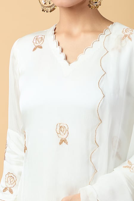 Shop_Kalakaari By Sagarika_White Organza, Embroidery, Sequins, Beads Rose Kurta And Pant Set _Online_at_Aza_Fashions
