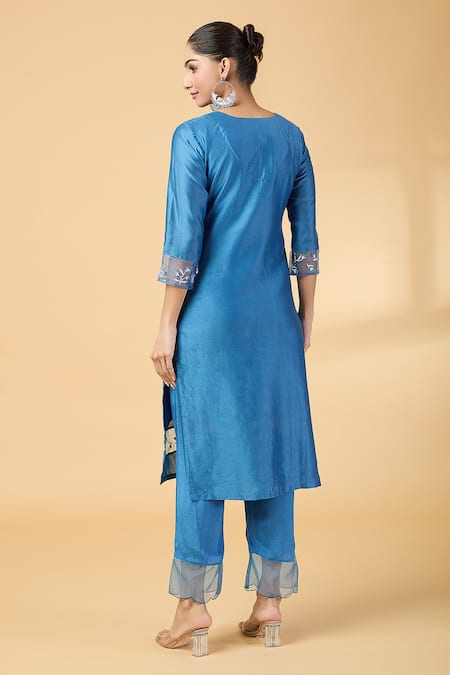 Shop Kalakaari By Sagarika Blue Chanderi, Silk Organza Embroidery, Cut Work Split Panel Kurta And Pant Set at Aza Fashions Shop_Kalakaari By Sagarika_Blue Chanderi, Silk Organza Embroidery, Cut Work Split Panel Kurta And Pant Set _at_Aza_Fashions