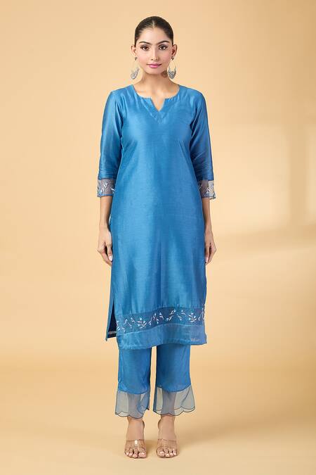 Kalakaari By Sagarika Blue Chanderi, Silk Organza Embroidery, Cut Work Split Panel Kurta And Pant Set Online at Aza Fashions Kalakaari By Sagarika_Blue Chanderi, Silk Organza Embroidery, Cut Work Split Panel Kurta And Pant Set _Online_at_Aza_Fashions