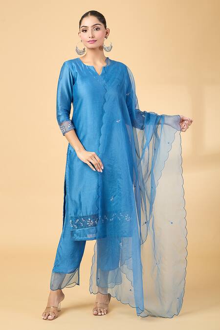 Buy Kalakaari By Sagarika Blue Chanderi, Silk Organza Embroidery, Cut Work Split Panel Kurta And Pant Set Online at Aza Fashions Buy_Kalakaari By Sagarika_Blue Chanderi, Silk Organza Embroidery, Cut Work Split Panel Kurta And Pant Set _Online_at_Aza_Fashions