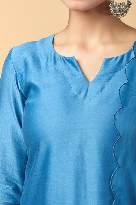 Shop Kalakaari By Sagarika Blue Chanderi, Silk Organza Embroidery, Cut Work Split Panel Kurta And Pant Set Online at Aza Fashions Shop_Kalakaari By Sagarika_Blue Chanderi, Silk Organza Embroidery, Cut Work Split Panel Kurta And Pant Set _Online_at_Aza_Fashions