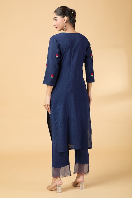 Shop Kalakaari By Sagarika Blue Chanderi, Silk Organza Embroidery V-neck Rose Thread Kurta And Pant Set at Aza Fashions Shop_Kalakaari By Sagarika_Blue Chanderi, Silk Organza Embroidery V-neck Rose Thread Kurta And Pant Set _at_Aza_Fashions