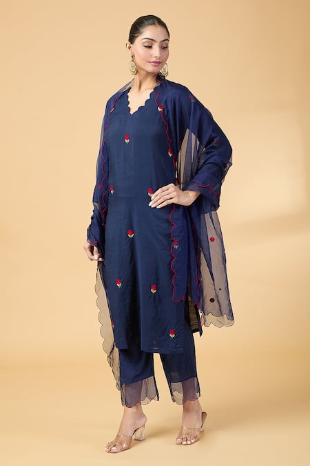 Kalakaari By Sagarika Blue Chanderi, Silk Organza Embroidery V-neck Rose Thread Kurta And Pant Set Online at Aza Fashions Kalakaari By Sagarika_Blue Chanderi, Silk Organza Embroidery V-neck Rose Thread Kurta And Pant Set _Online_at_Aza_Fashions