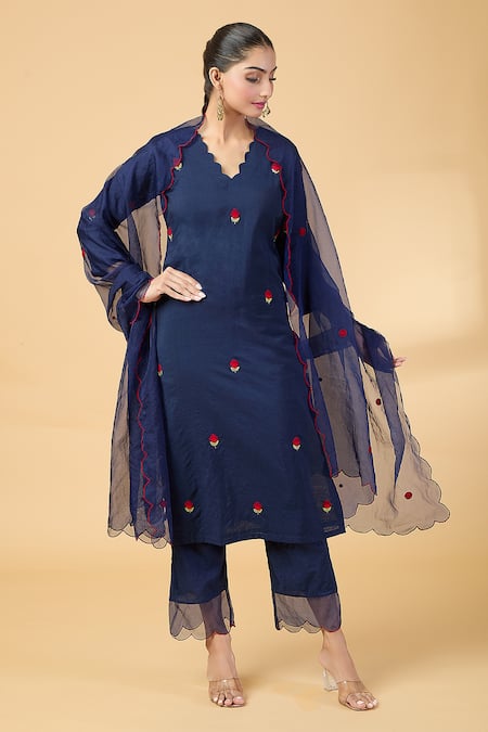 Buy Kalakaari By Sagarika Blue Chanderi, Silk Organza Embroidery V-neck Rose Thread Kurta And Pant Set Online at Aza Fashions Buy_Kalakaari By Sagarika_Blue Chanderi, Silk Organza Embroidery V-neck Rose Thread Kurta And Pant Set _Online_at_Aza_Fashions