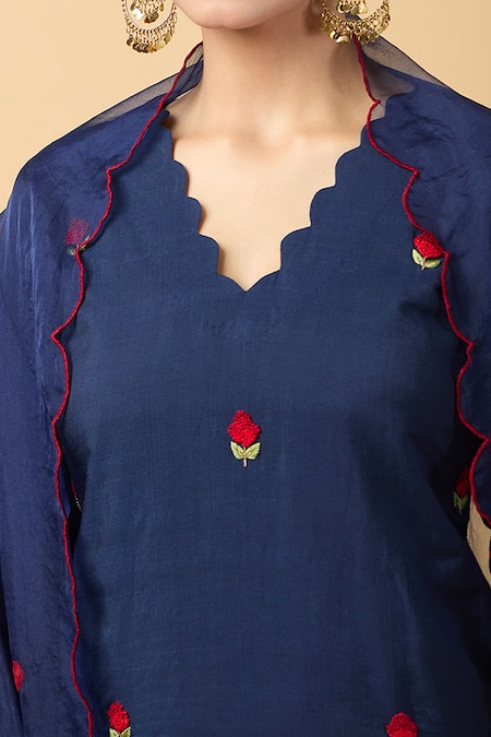 Shop Kalakaari By Sagarika Blue Chanderi, Silk Organza Embroidery V-neck Rose Thread Kurta And Pant Set Online at Aza Fashions Shop_Kalakaari By Sagarika_Blue Chanderi, Silk Organza Embroidery V-neck Rose Thread Kurta And Pant Set _Online_at_Aza_Fashions