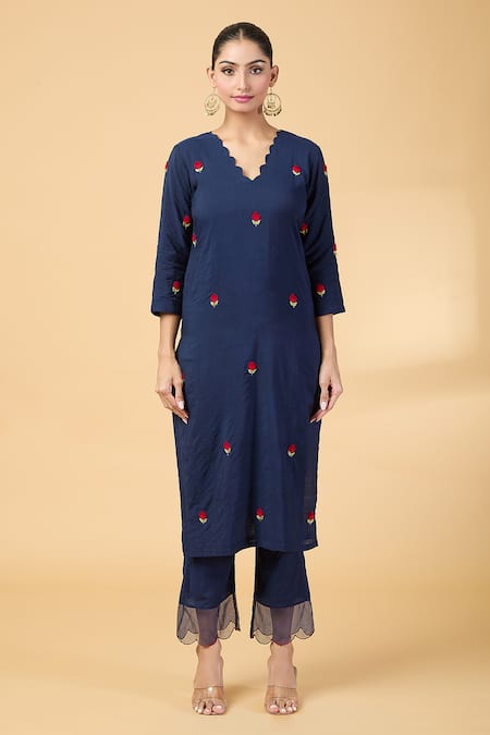 Kalakaari By Sagarika Blue Chanderi, Silk Organza Embroidery V-neck Rose Thread Kurta And Pant Set at Aza Fashions Kalakaari By Sagarika_Blue Chanderi, Silk Organza Embroidery V-neck Rose Thread Kurta And Pant Set _at_Aza_Fashions