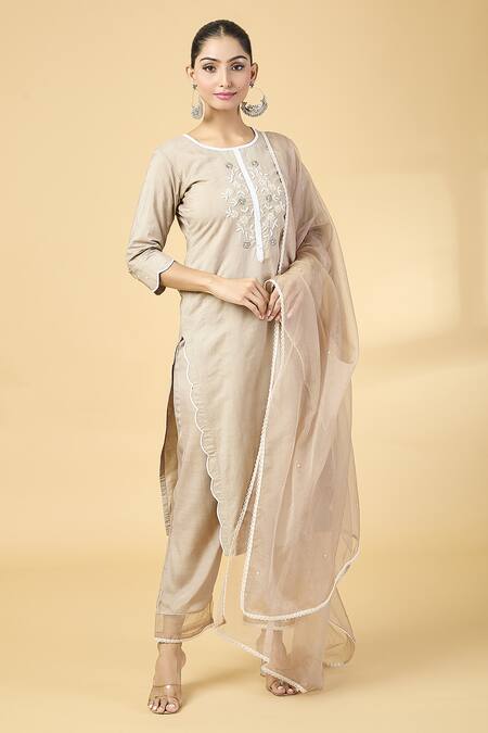 Buy_Kalakaari By Sagarika_Brown Chanderi, Silk Organza Embroidery, Sequins Round Floral Kurta And Pant Set _Online_at_Aza_Fashions