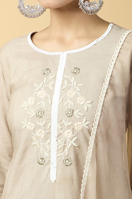 Shop_Kalakaari By Sagarika_Brown Chanderi, Silk Organza Embroidery, Sequins Round Floral Kurta And Pant Set _Online_at_Aza_Fashions