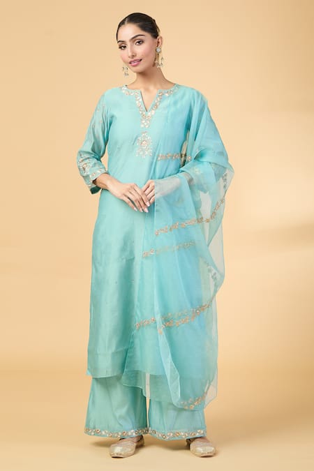 Pouli Pret Blue Chanderi Embroidery Floral Notched Kurta And Pant Set 