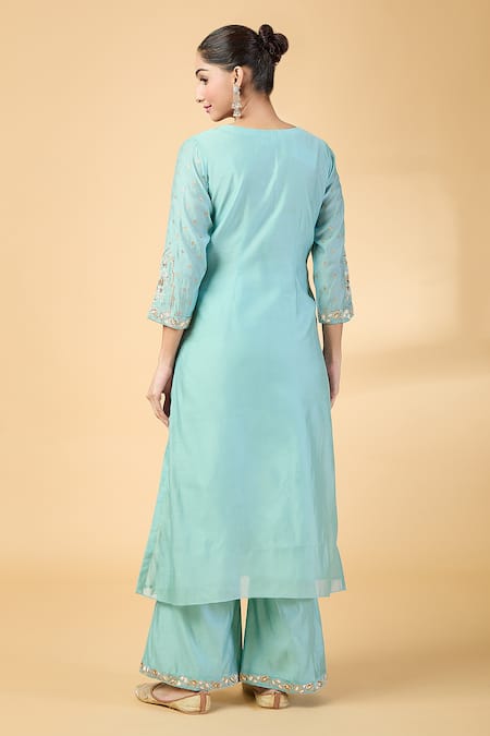 Shop Pouli Pret Blue Organza, Chanderi Embroidery Split V-neck Floral Kurta And Pant Set at Aza Fashions Shop_Pouli Pret_Blue Organza, Chanderi Embroidery Split V-neck Floral Kurta And Pant Set _at_Aza_Fashions