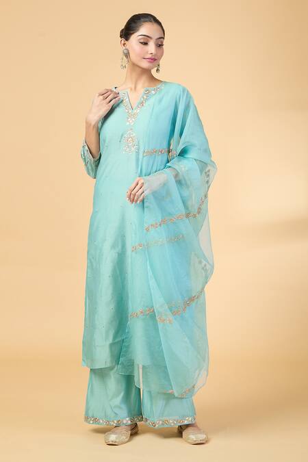 Buy Pouli Pret Blue Organza, Chanderi Embroidery Split V-neck Floral Kurta And Pant Set Online at Aza Fashions Buy_Pouli Pret_Blue Organza, Chanderi Embroidery Split V-neck Floral Kurta And Pant Set _Online_at_Aza_Fashions
