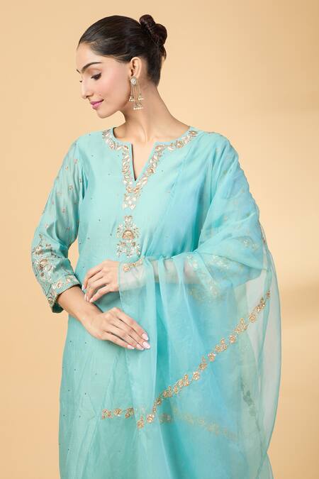 Shop Pouli Pret Blue Organza, Chanderi Embroidery Split V-neck Floral Kurta And Pant Set Online at Aza Fashions Shop_Pouli Pret_Blue Organza, Chanderi Embroidery Split V-neck Floral Kurta And Pant Set _Online_at_Aza_Fashions