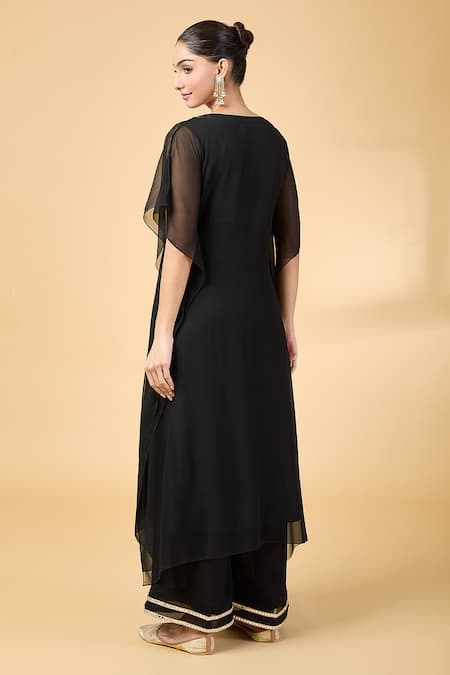 Shop_Pouli Pret_Black Georgette Mirrors, Zari Split V-neck Embroidered Kaftan With Pant _at_Aza_Fashions