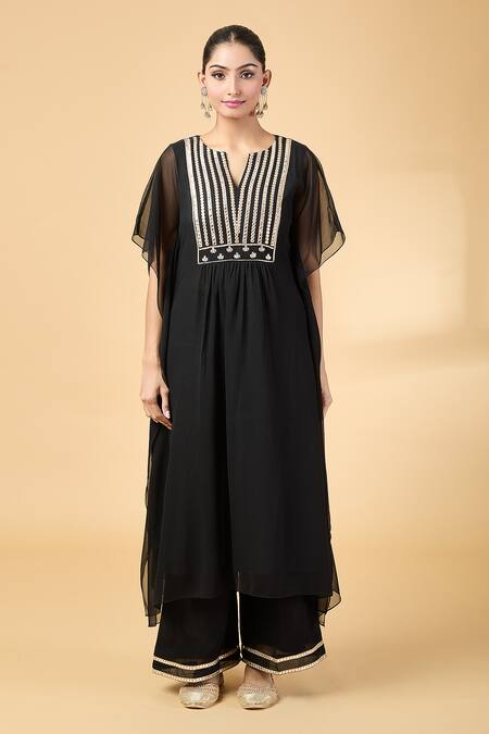 Pouli Pret_Black Georgette Mirrors, Zari Split V-neck Embroidered Kaftan With Pant _Online_at_Aza_Fashions