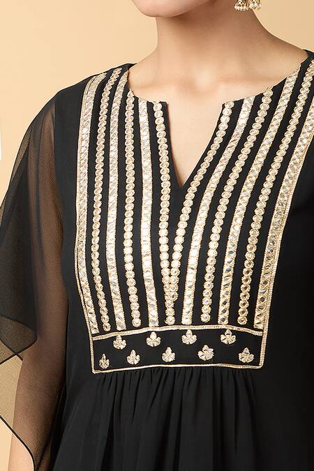 Shop_Pouli Pret_Black Georgette Mirrors, Zari Split V-neck Embroidered Kaftan With Pant _Online_at_Aza_Fashions
