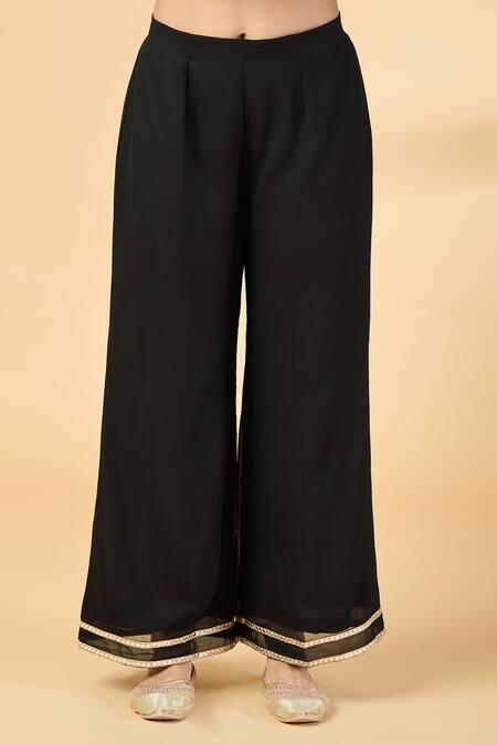 Pouli Pret_Black Georgette Mirrors, Zari Split V-neck Embroidered Kaftan With Pant _at_Aza_Fashions