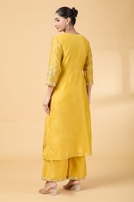 Shop Pouli Pret Yellow Organza, Chanderi Sequins, Embroidery Split Resham Kurta And Pant Set at Aza Fashions Shop_Pouli Pret_Yellow Organza, Chanderi Sequins, Embroidery Split Resham Kurta And Pant Set _at_Aza_Fashions