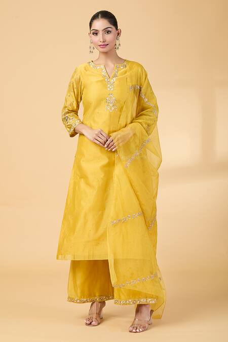Shop Pouli Pret Yellow Organza, Chanderi Sequins, Embroidery Split Resham Kurta And Pant Set Online at Aza Fashions Shop_Pouli Pret_Yellow Organza, Chanderi Sequins, Embroidery Split Resham Kurta And Pant Set _Online_at_Aza_Fashions
