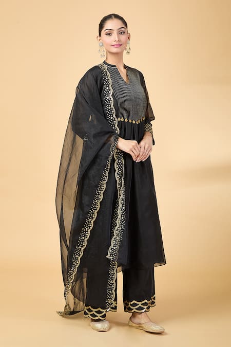 Buy Pouli Pret Black Organza, Chanderi Sequins, Cut Work, Embroidery V-neck Kurta And Pant Set Online at Aza Fashions Buy_Pouli Pret_Black Organza, Chanderi Sequins, Cut Work, Embroidery V-neck Kurta And Pant Set _Online_at_Aza_Fashions
