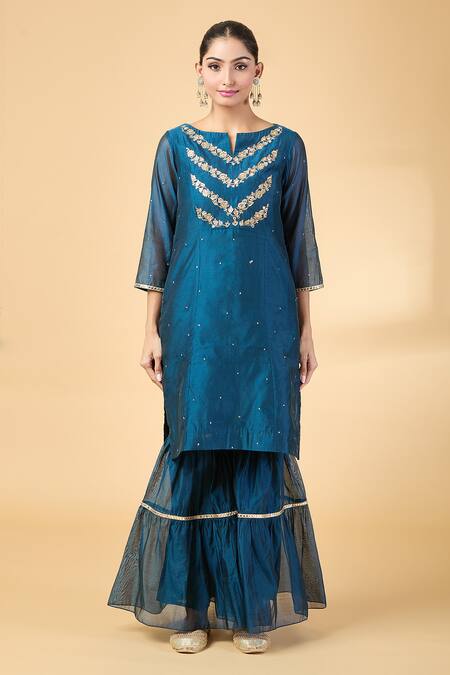 Pouli Pret_Blue Organza, Chanderi Embroidery, Sequins Split Mirror Kurta And Gharara Set _Online_at_Aza_Fashions