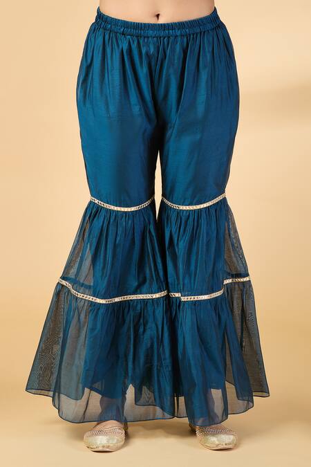 Buy_Pouli Pret_Blue Organza, Chanderi Embroidery, Sequins Split Mirror Kurta And Gharara Set _Online_at_Aza_Fashions