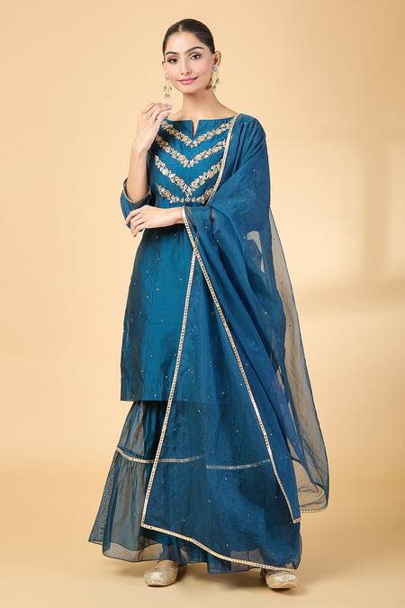 Shop_Pouli Pret_Blue Organza, Chanderi Embroidery, Sequins Split Mirror Kurta And Gharara Set _Online_at_Aza_Fashions