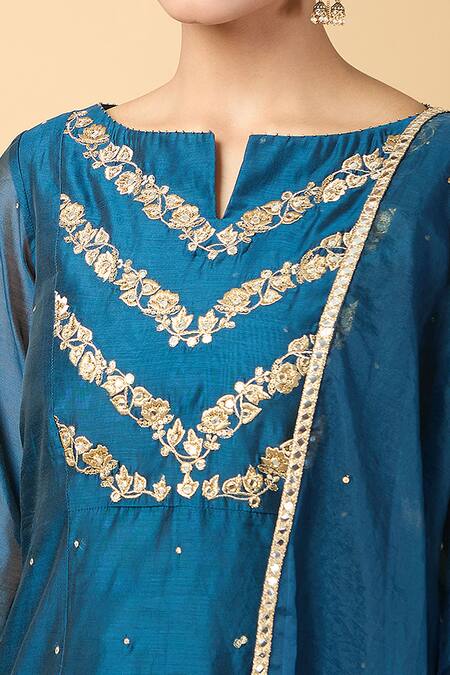 Pouli Pret_Blue Organza, Chanderi Embroidery, Sequins Split Mirror Kurta And Gharara Set _at_Aza_Fashions