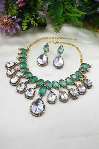 Shop Queens Jewels Multi Color Diamonds, Emerald Victorian Style Kundan Embellished Necklace Set at Aza Fashions Shop_Queens Jewels_Multi Color Diamonds, Emerald Victorian Style Kundan Embellished Necklace Set _at_Aza_Fashions