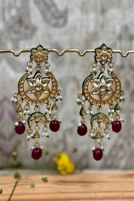 Shop Queens Jewels Pink Pearls, Stones, Beads Lamia Floral Kundan Chandbalis at Aza Fashions Shop_Queens Jewels_Pink Pearls, Stones, Beads Lamia Floral Kundan Chandbalis_at_Aza_Fashions