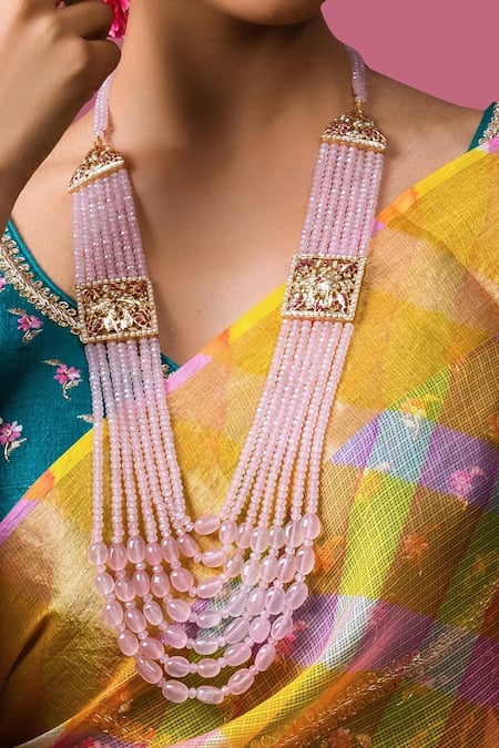 Shop Queens Jewels Pink Rose Petal Jadau Tukdi Bead Necklace at Aza Fashions Shop_Queens Jewels_Pink Rose Petal Jadau Tukdi Bead Necklace _at_Aza_Fashions