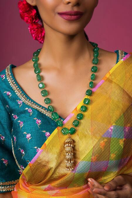 Queens Jewels_Green Pearl Studded Jhumka Pendant Necklace _Online_at_Aza_Fashions