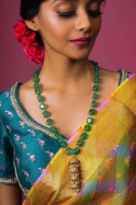Buy_Queens Jewels_Green Pearl Studded Jhumka Pendant Necklace _Online_at_Aza_Fashions