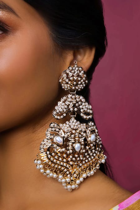 Shop Queens Jewels White Pearls Pankh Embellished Chandbalis at Aza Fashions Shop_Queens Jewels_White Pearls Pankh Embellished Chandbalis _at_Aza_Fashions