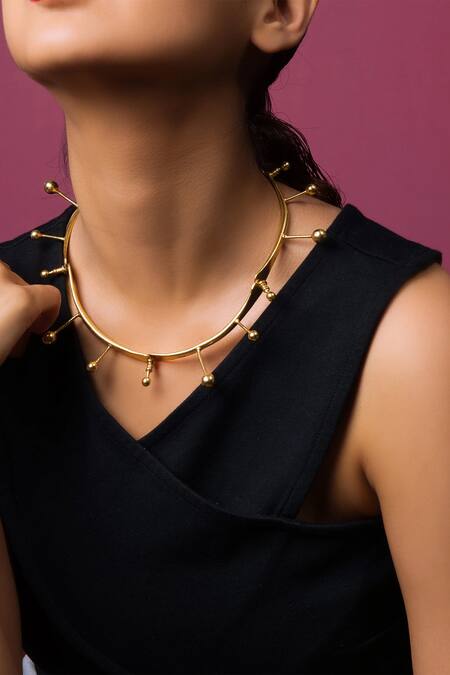 Shop Queens Jewels Gold Plated Dark Elegance Geometric Carved Choker at Aza Fashions Shop_Queens Jewels_Gold Plated Dark Elegance Geometric Carved Choker _at_Aza_Fashions