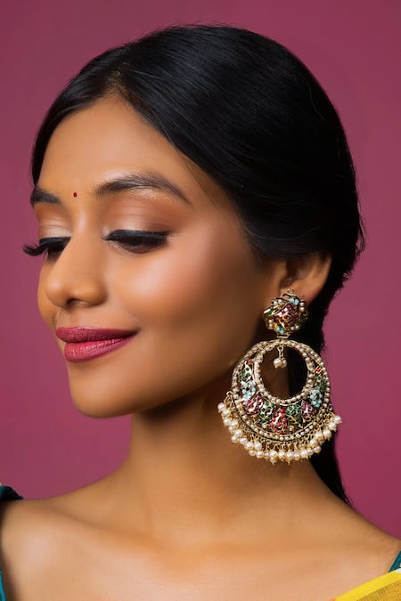 Shop Queens Jewels Multi Color Beads, Diamonds Roohi Jadau Stone Embellished Chandbalis at Aza Fashions Shop_Queens Jewels_Multi Color Beads, Diamonds Roohi Jadau Stone Embellished Chandbalis _at_Aza_Fashions