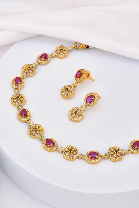 Shop_Swabhimann_Multi Color Diamonds, Stones Jadau Kundan Embellished Necklace Set _Online_at_Aza_Fashions