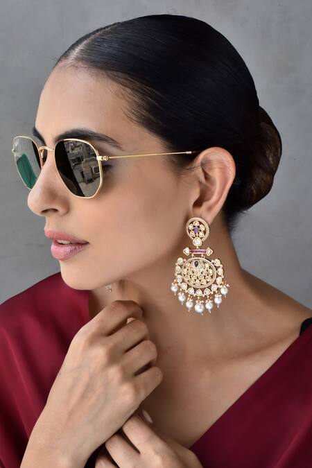 Shop_Swabhimann_Multi Color Imitation Diamonds Kundan Embellished Dangler Earrings_Online_at_Aza_Fashions