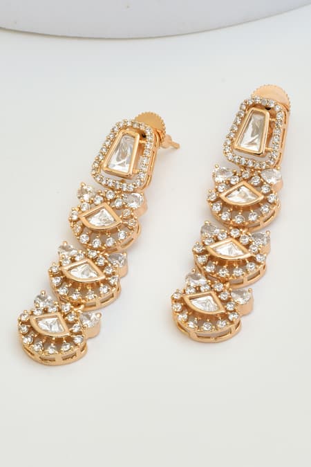 Shop Swabhimann Rose Gold Diamonds, Stones Polki Embellished Dangler Earrings at Aza Fashions Shop_Swabhimann_Rose Gold Diamonds, Stones Polki Embellished Dangler Earrings _at_Aza_Fashions