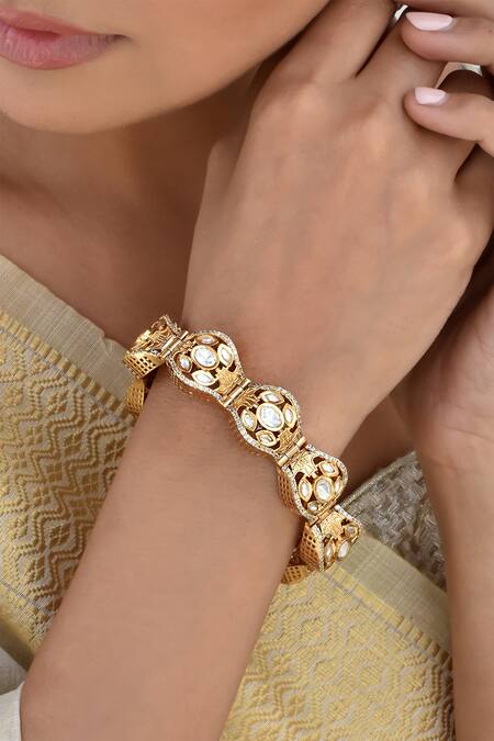 Swabhimann_Rose Gold Crystals Polki Embellished Bracelet _Online_at_Aza_Fashions