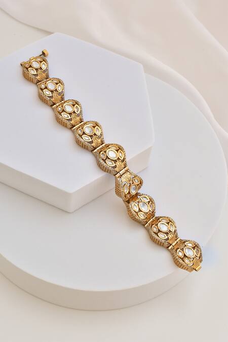 Shop_Swabhimann_Rose Gold Crystals Polki Embellished Bracelet _Online_at_Aza_Fashions