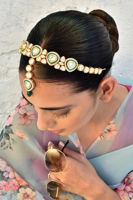 Swabhimann_Gold Plated Polki Embellished Enamelled Mathapatti _Online_at_Aza_Fashions