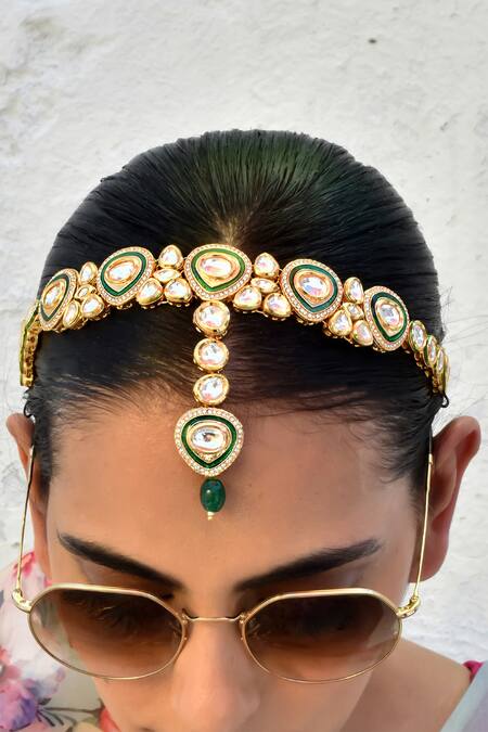 Buy Swabhimann Gold Plated Polki Embellished Enamelled Mathapatti Online at Aza Fashions Buy_Swabhimann_Gold Plated Polki Embellished Enamelled Mathapatti _Online_at_Aza_Fashions